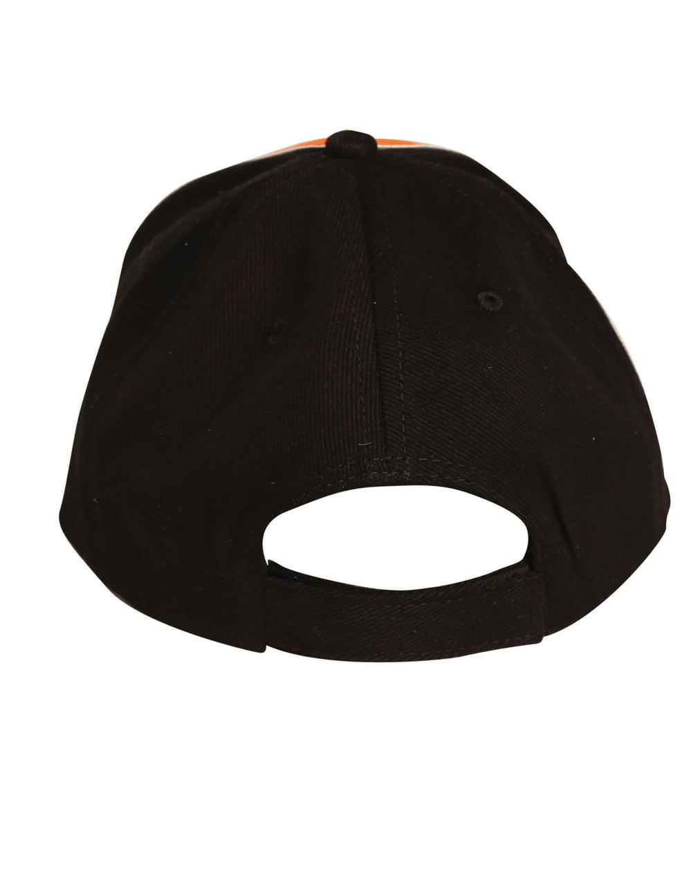 A black cap featuring a two-tone design with an adjustable strap at the back. It includes a logo.