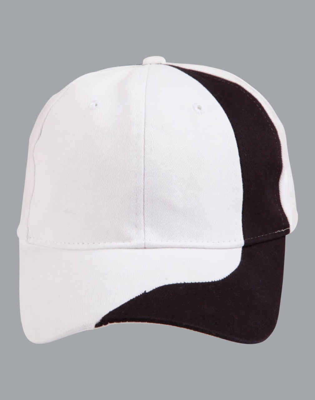 A baseball cap with a white and black stripe design. The cap features a branded logo on the front.