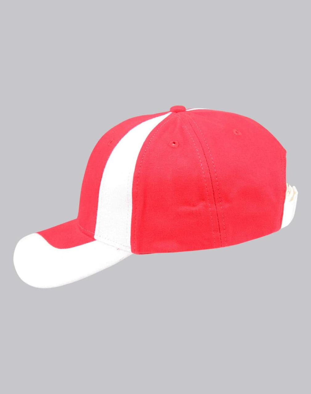 A red and white baseball cap with a logo, featuring a curved peak and a stylish design.