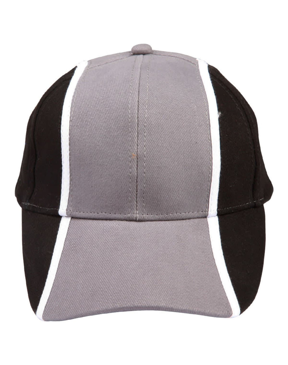 A tri-colour baseball cap featuring grey, black, and white panels, with a logo on the front.