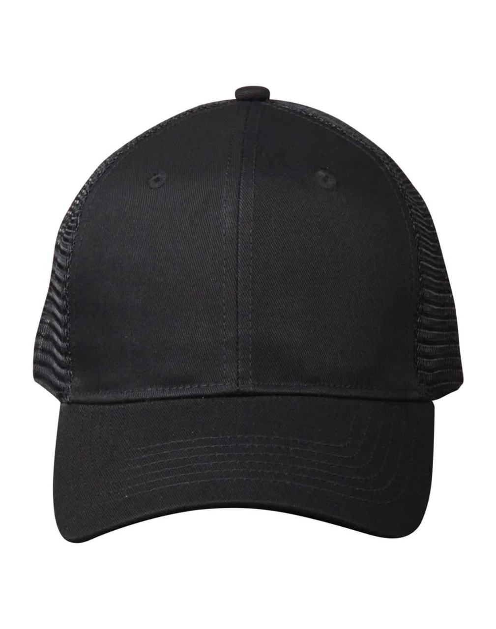 A black premium cotton twill trucker cap with mesh sides and a branded logo.