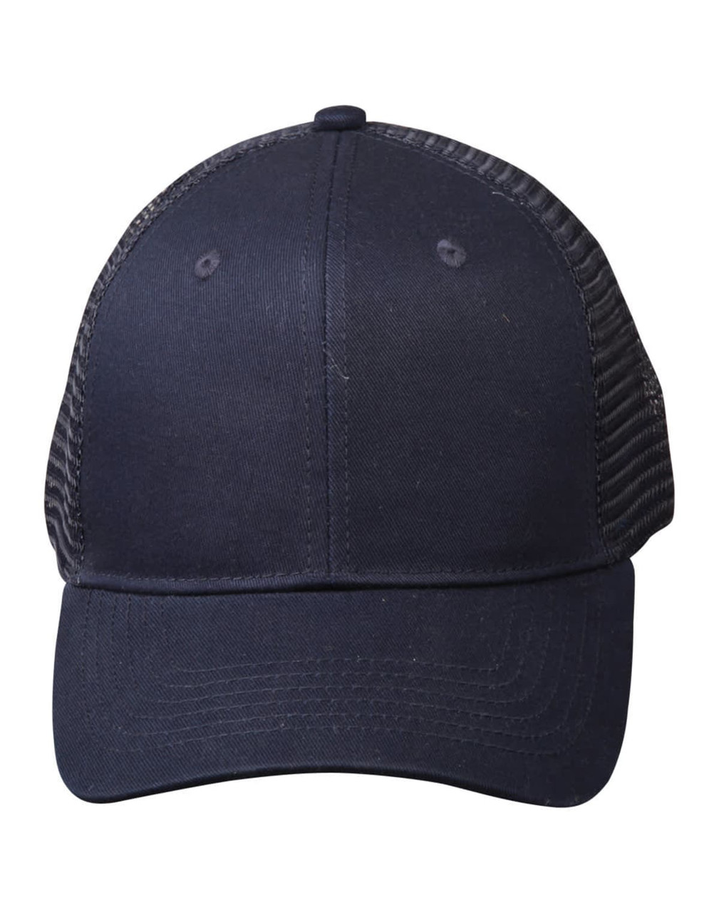 A navy blue cotton twill trucker cap with a mesh back and a logo on the front.