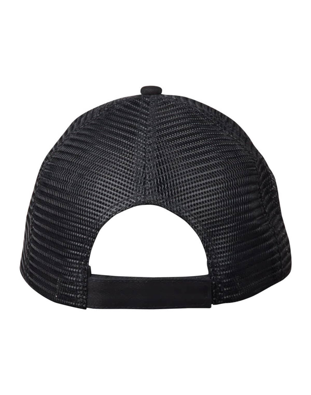 A black Premium Cotton Twill Trucker Cap featuring a mesh back and an adjustable strap.