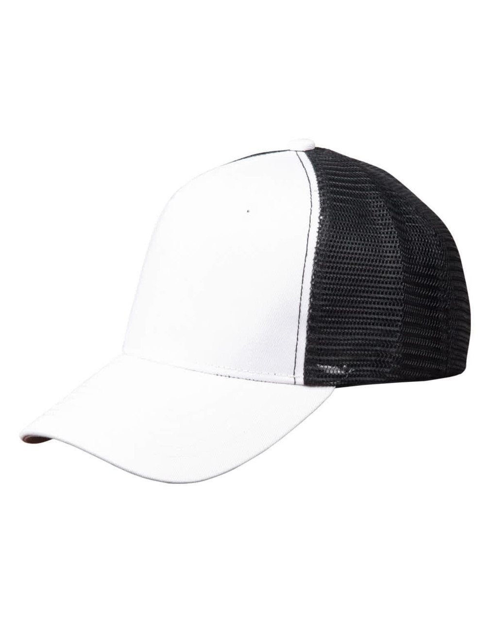 A black and white Premium Cotton Twill Trucker Cap with a solid front and mesh back, featuring a logo.