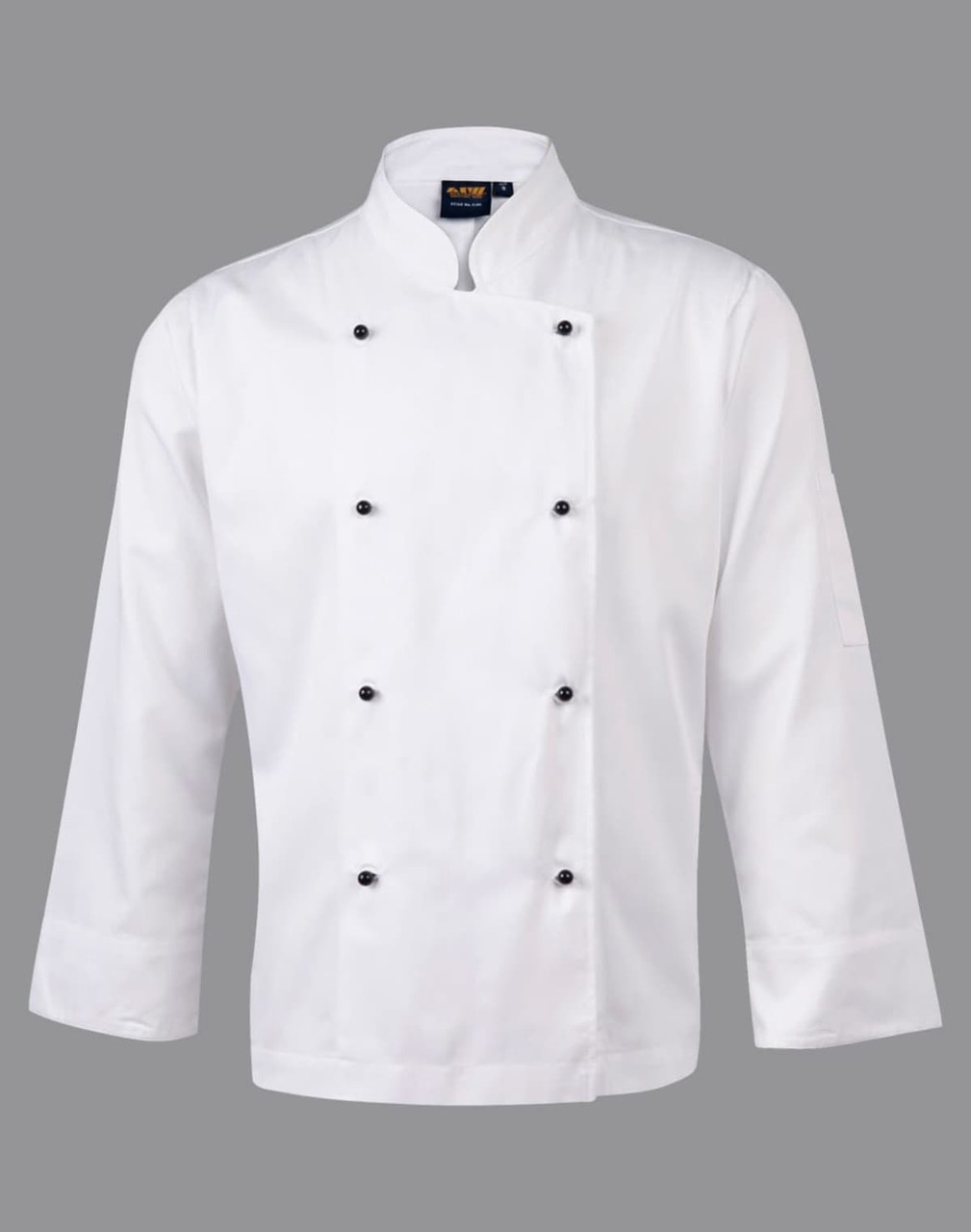 A white long sleeve chef's jacket featuring a double-breasted design and black buttons. It has a logo on the collar.