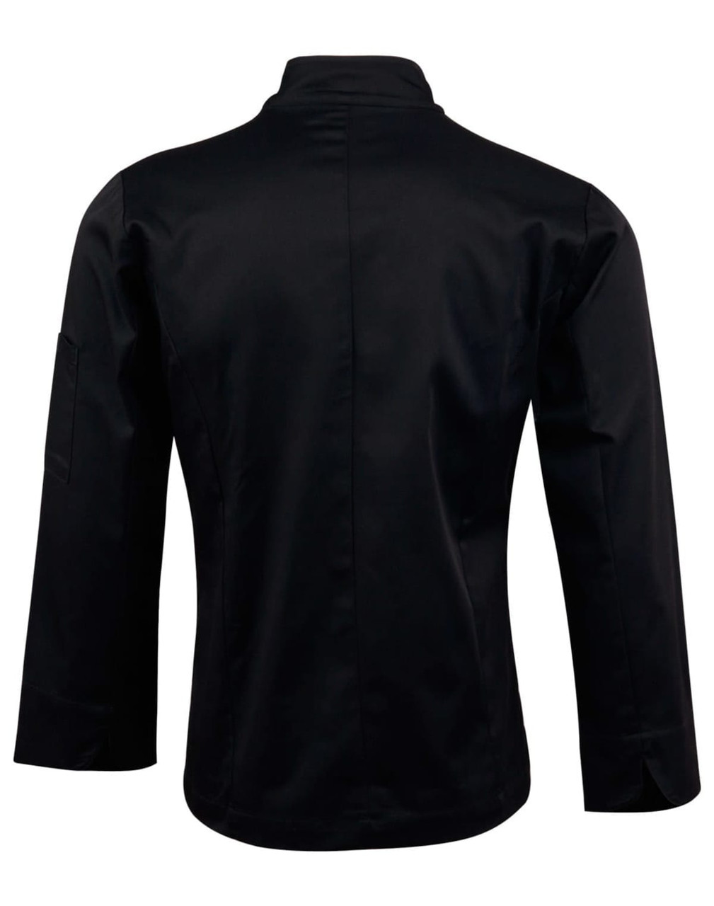 A long sleeve black chef's jacket with a high collar and a side pocket. It features a logo on one sleeve.