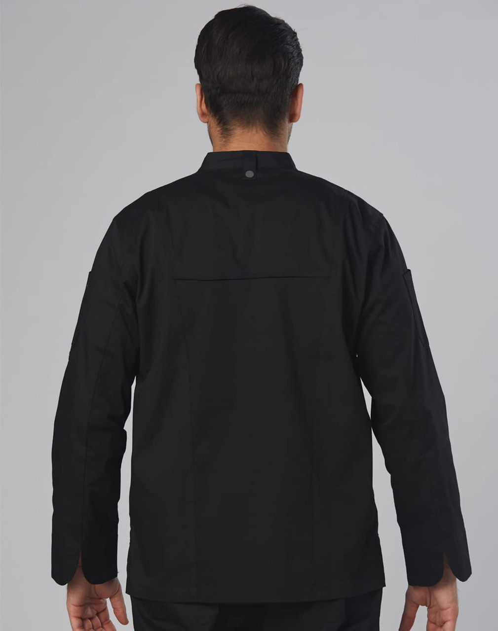 A black men's chef jacket with long sleeves and a collar, featuring a back vent and a logo.