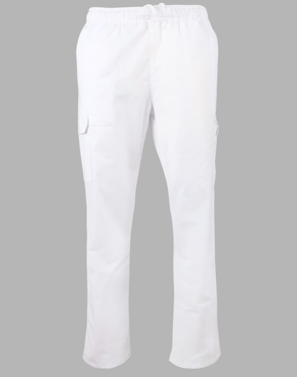 White chef pants featuring an elastic waistband and side pockets. The pants have a logo on them.