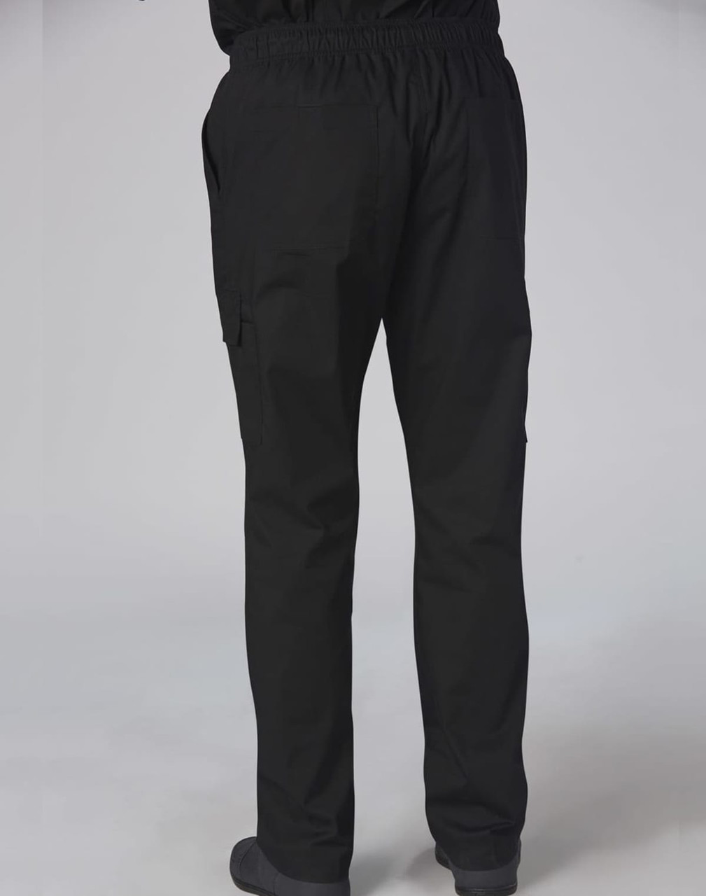 Men's functional chef pants in black, featuring a relaxed fit and side pockets, displayed from the back.