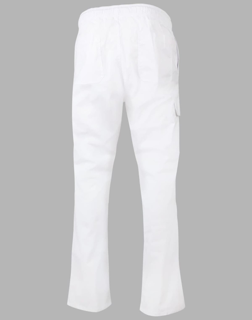 Men's functional chef pants in white, featuring an elastic waistband and side pockets. The design includes a logo.