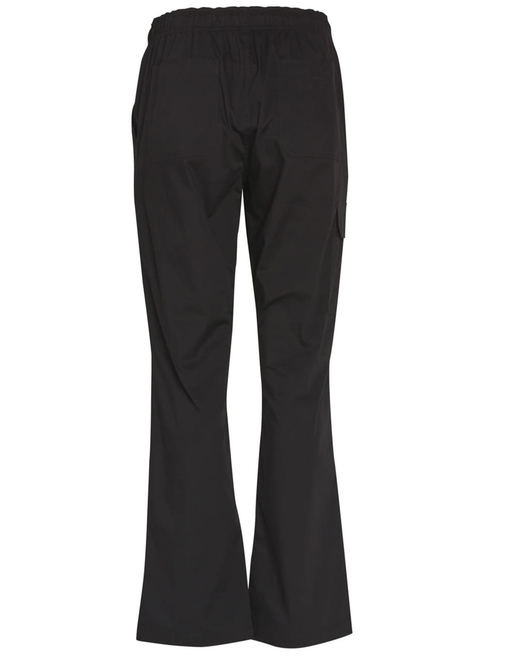 Black functional chef pants with a relaxed fit and pockets, featuring an elastic waistband. The back view is displayed.