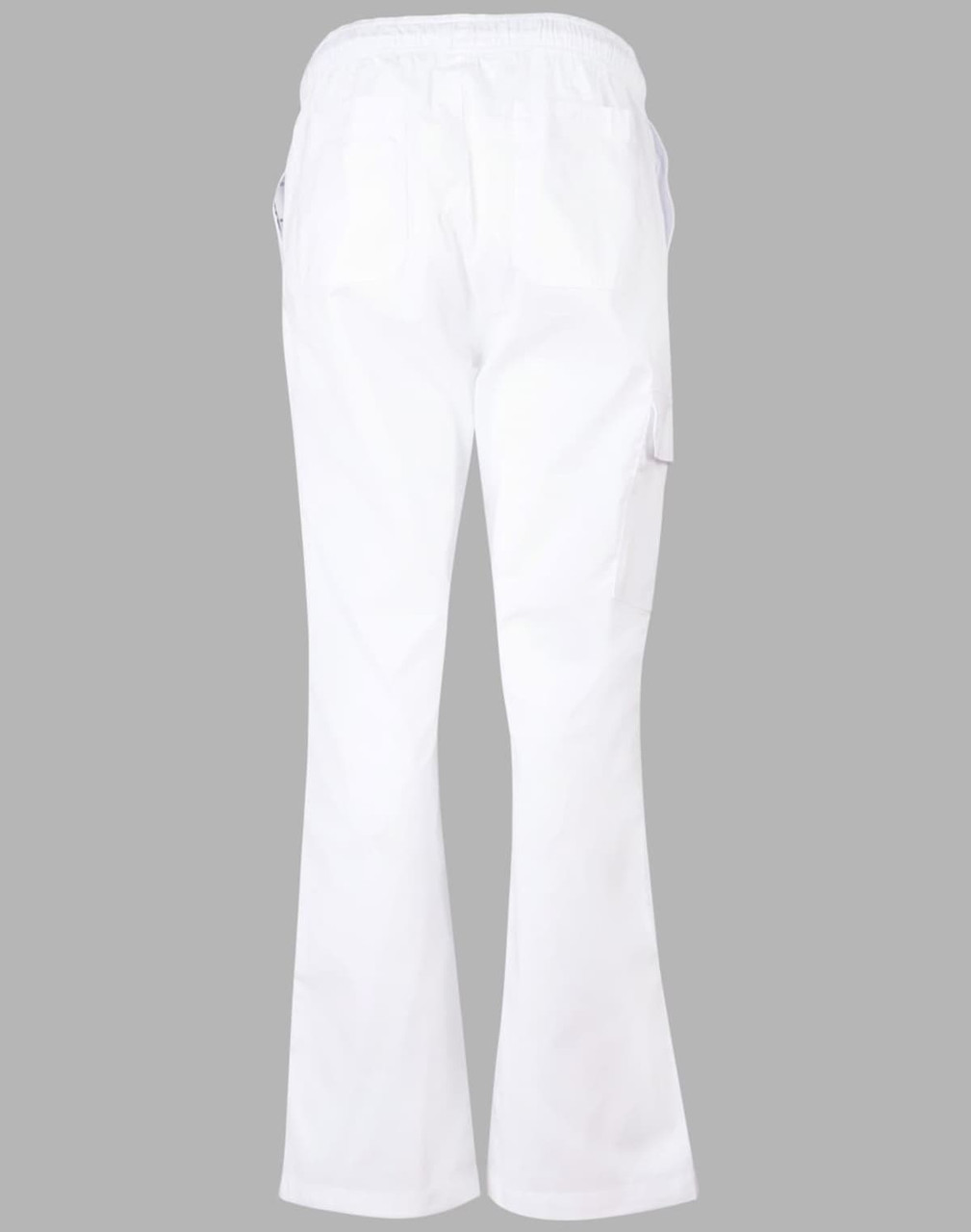 White ladies' chef pants with a flared bottom, featuring a back view and pockets. Includes a logo.
