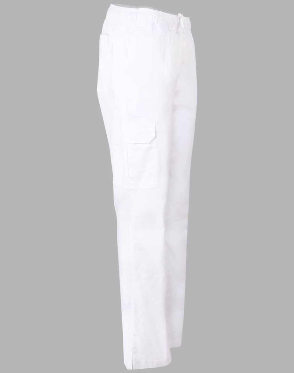 Ladies' functional chef pants in white with a smooth finish and side pockets, featuring an elastic waistband and a logo.