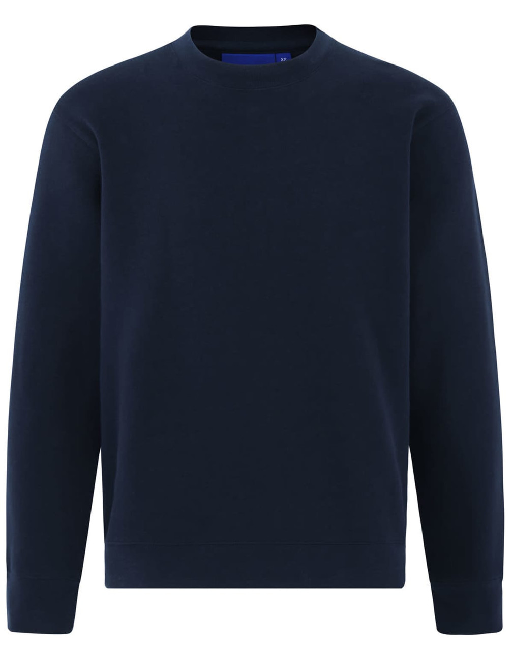 A navy crew neck sweatshirt with long sleeves, featuring a simple design and a logo on the front.