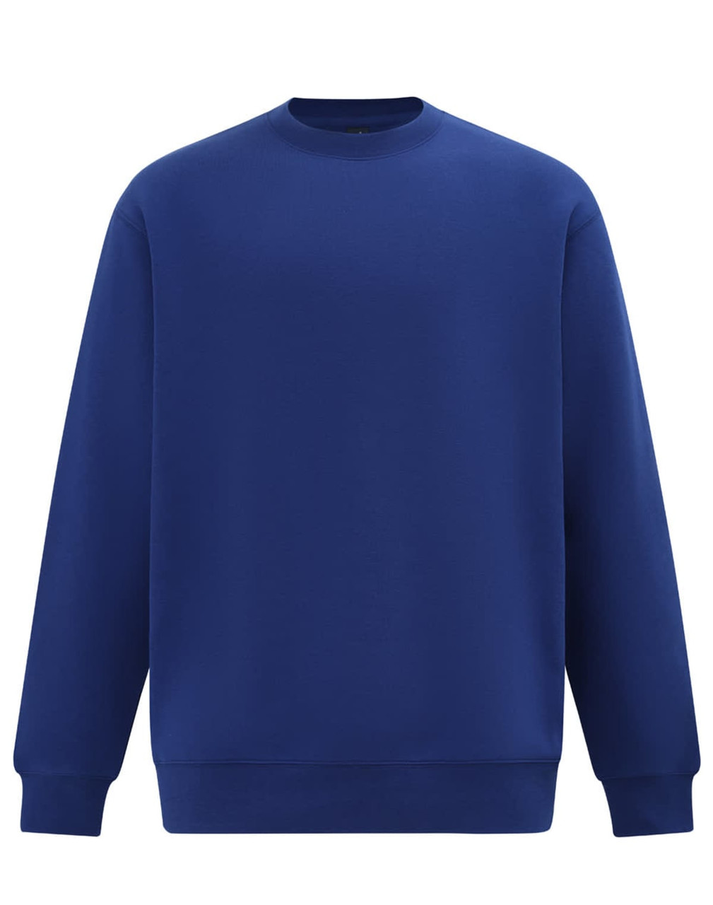 A blue crew fleece sweatshirt featuring long sleeves and a crew neckline, with a logo on the front.