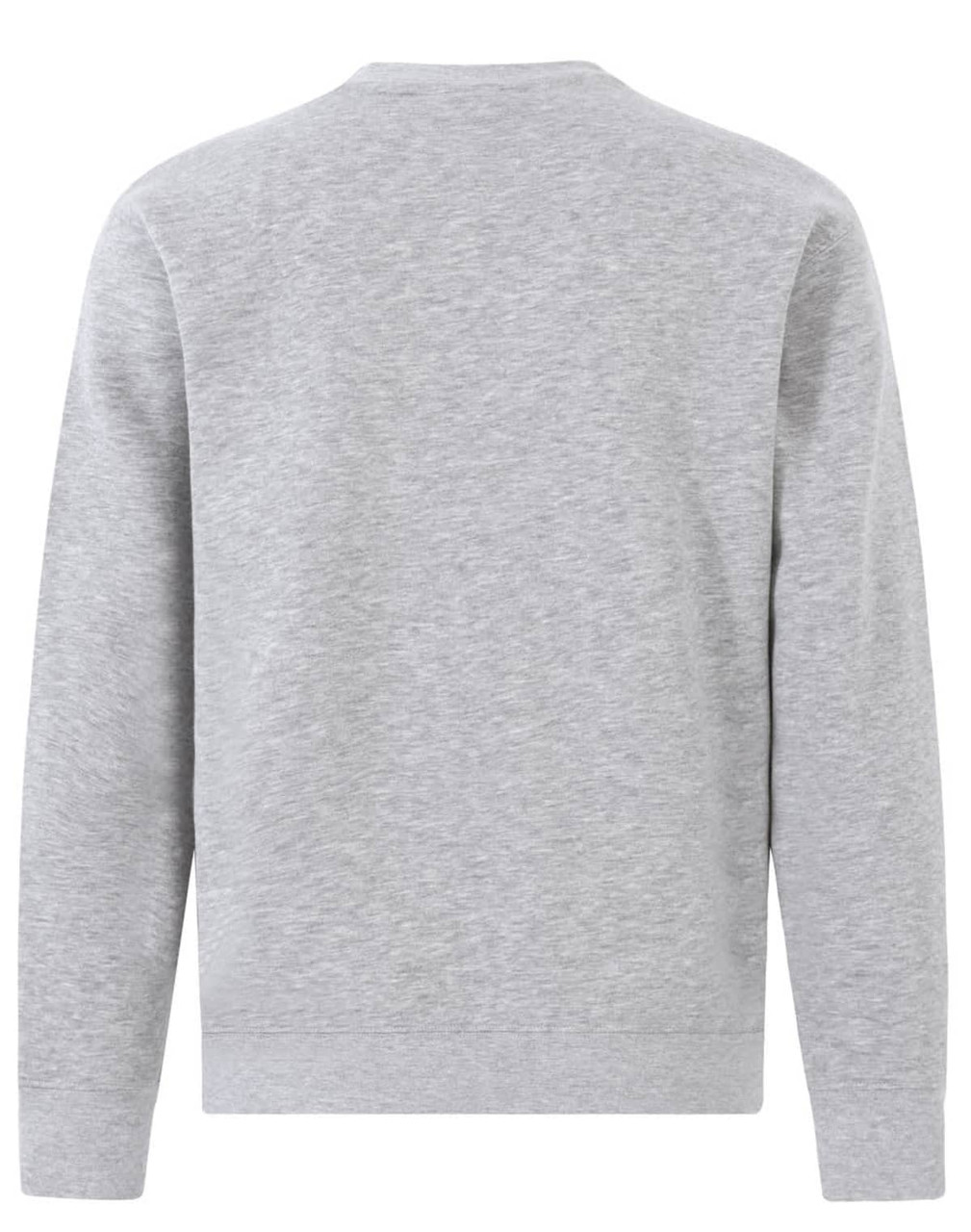 A grey crew fleece jumper featuring a plain back design and a logo.