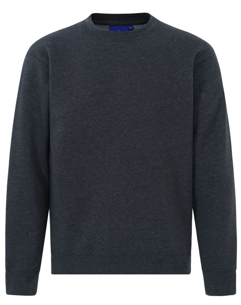 A dark grey crewneck sweatshirt with long sleeves and a simple design. It features a logo on the neckline.