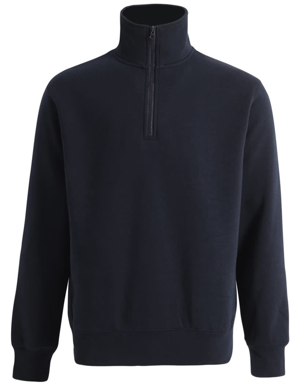 A dark navy 1/2 zip collar fleecy jumper featuring a zip and cuffs. It has a simple design and a logo.