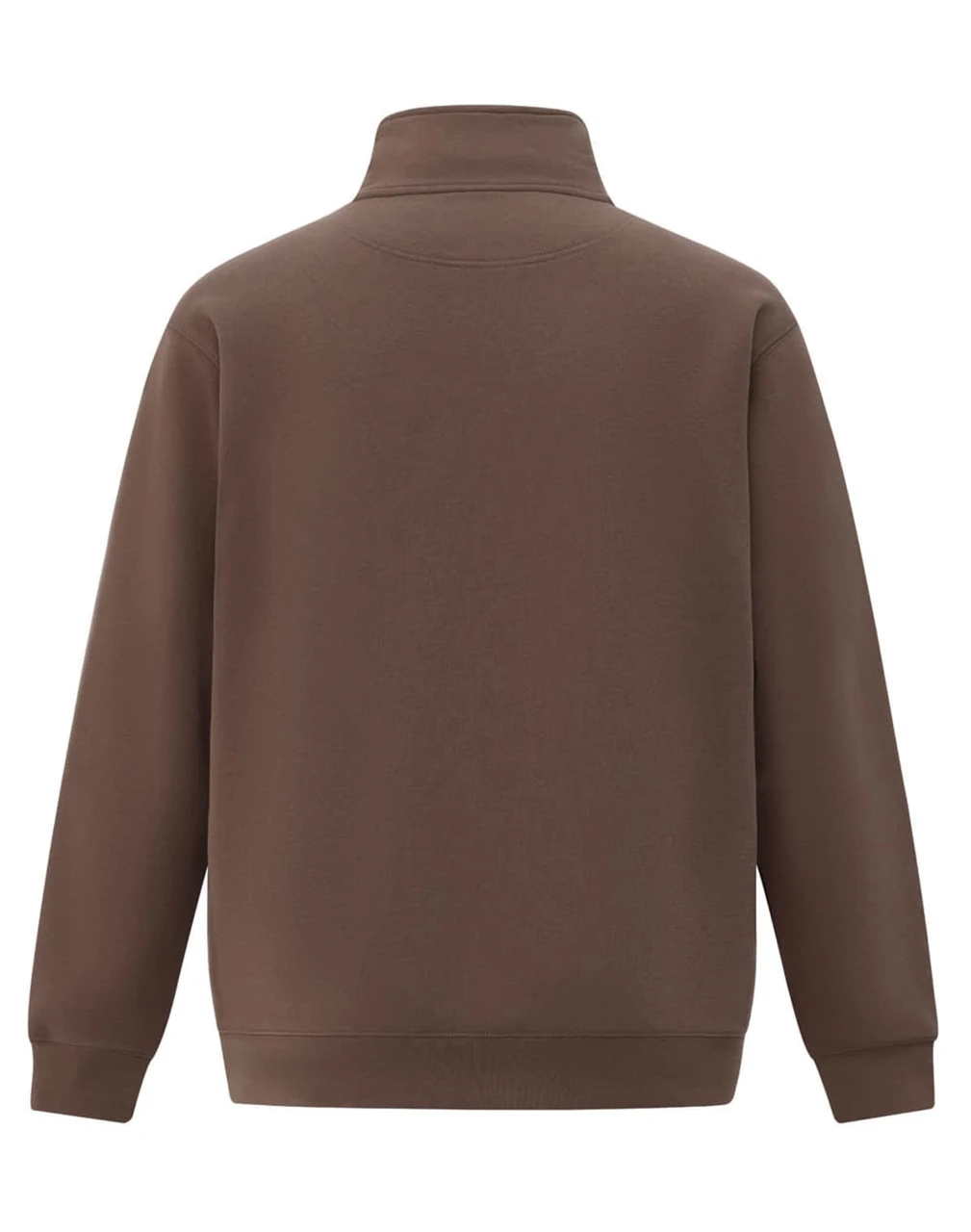 A brown 1/2 zip collar fleecy sweat in a plain design, featuring a logo on the back.