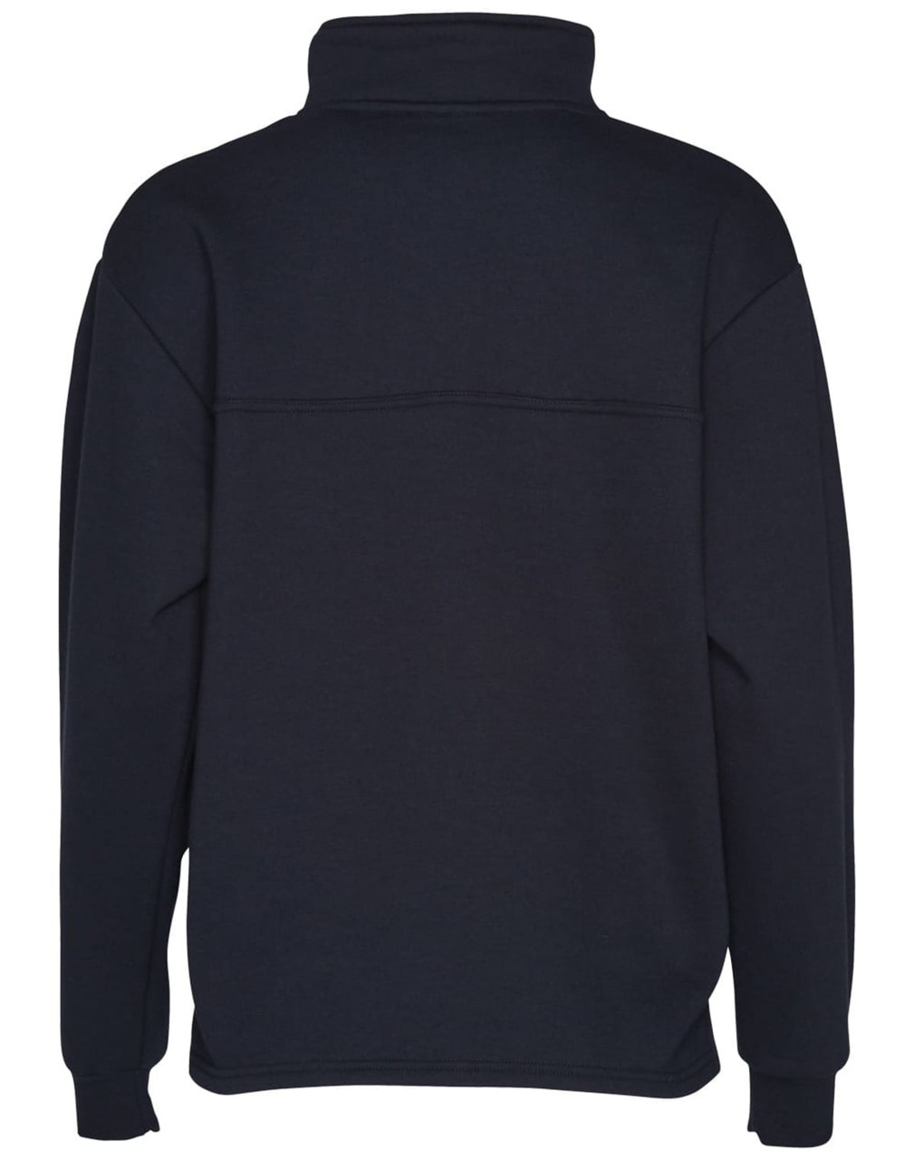 A navy blue Kid's 1/2 zip collar fleecy sweat with a back seam design and relaxed fit. Features a logo.