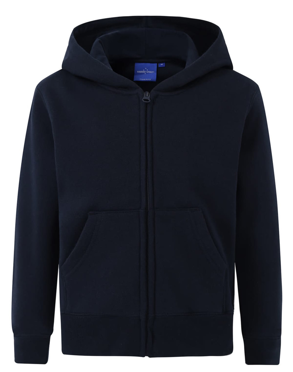 A navy blue full-zip fleecy hoodie with a front pocket and a hood, featuring a logo.