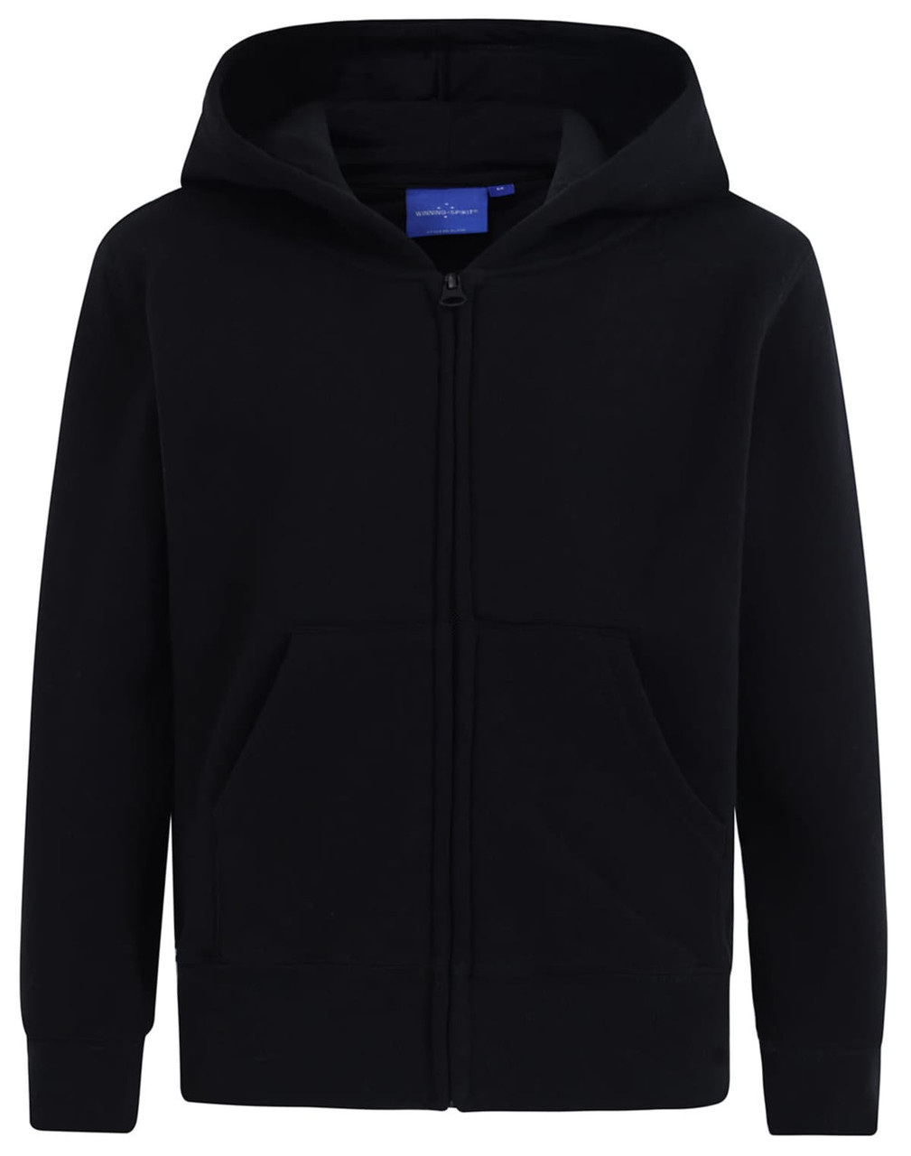 A black full-zip fleecy hoodie with a hood and front pockets. It features a logo on the fabric.