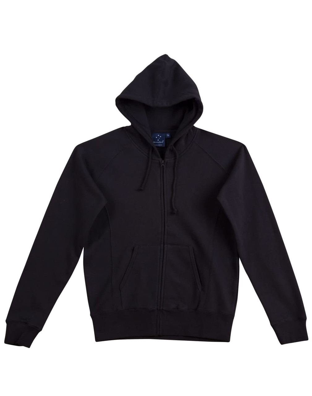 A black full-zip fleecy hoodie featuring a hood and front pockets, with a logo on the front.