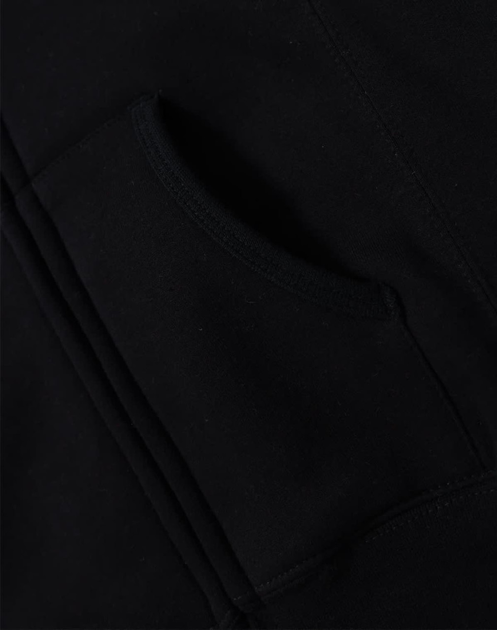 A black full-zip fleecy hoodie featuring a front pocket and stitched detailing. Includes a logo.