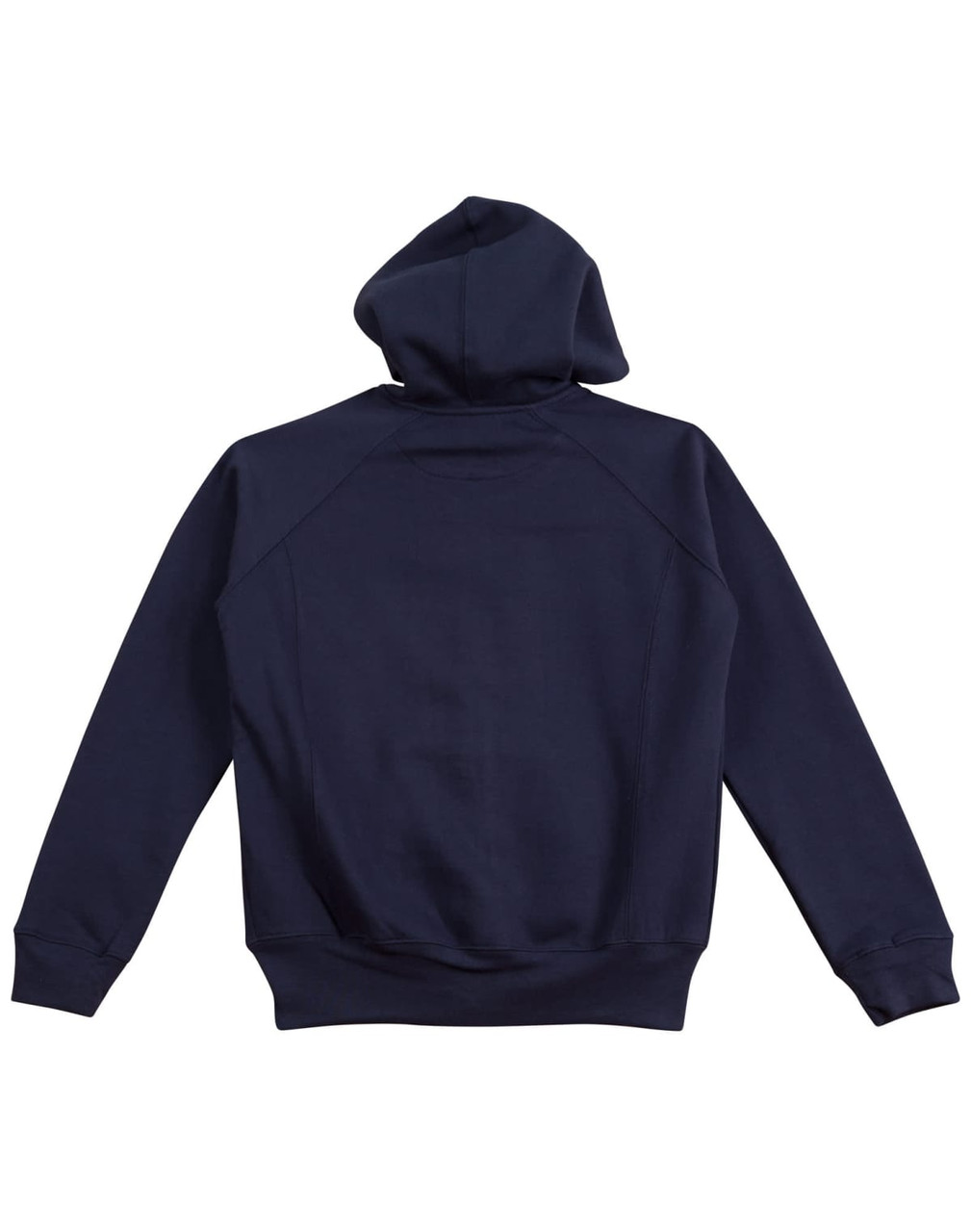 A full-zip fleecy hoodie in navy blue with a hood, featuring raglan sleeves and a fitted hem.