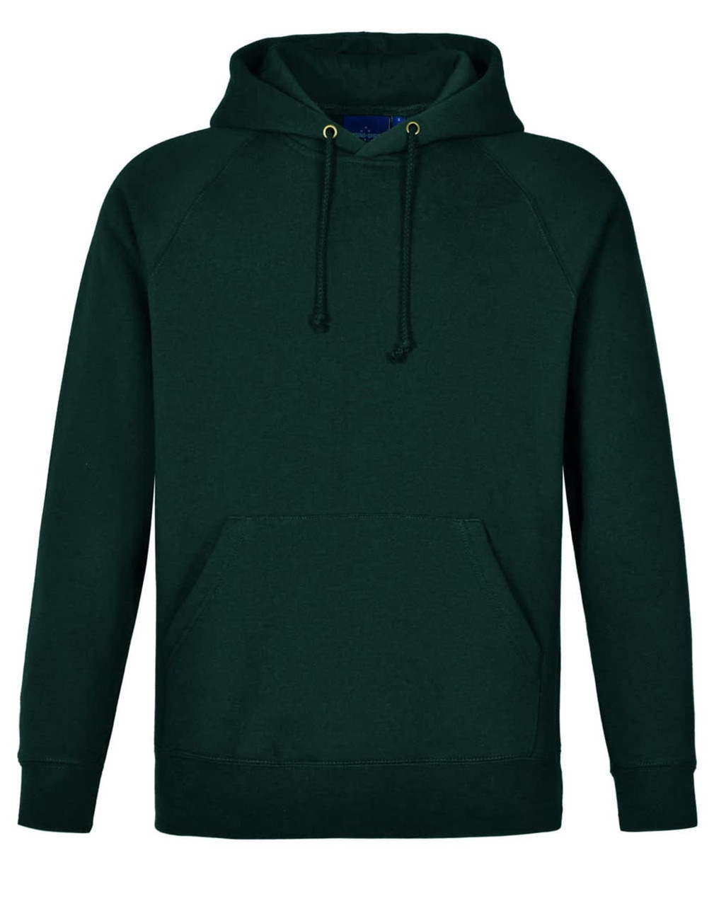 A green men's fleecy hoodie featuring a front pocket and a hood, with a brand logo.