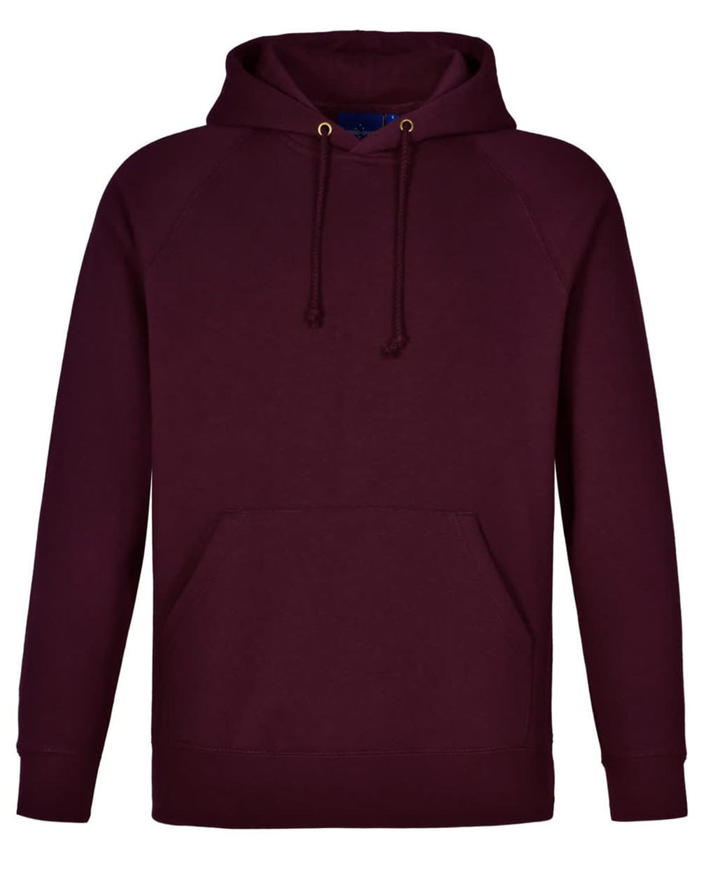 A maroon men's fleecy hoodie with a front kangaroo pocket and a drawstring hood. It features branding.