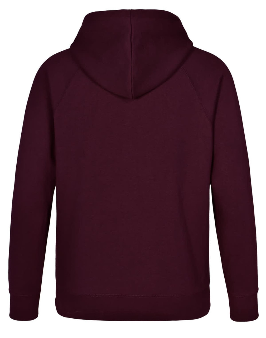 A maroon men's fleecy hoodie with a hood, featuring raglan sleeves and a solid design. It has a branding logo.