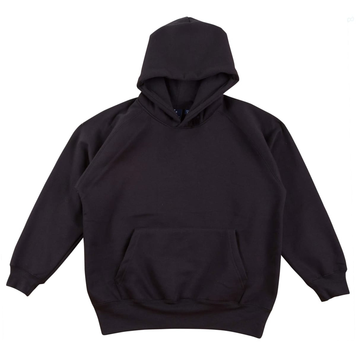 A black kids' fleece hoodie with a front pocket and a drawstring hood. It features a brand logo.