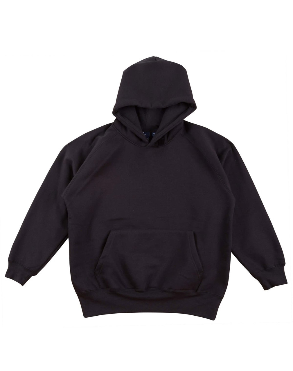 A black kids' fleece hoodie with a front pocket and a drawstring hood. It features a brand logo.