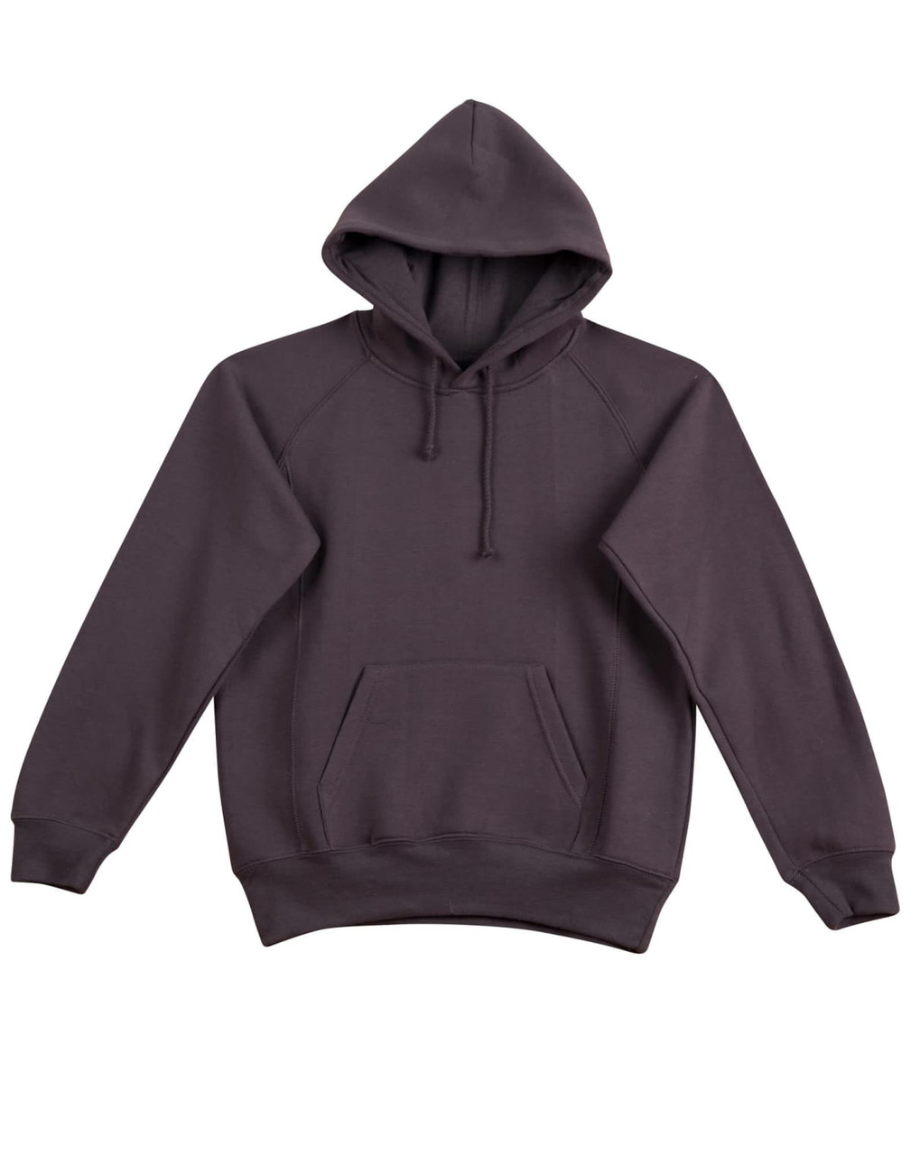 A ladies' fleecy hoodie in a dark grey colour with a front pocket and a hood. It features a logo on the chest.
