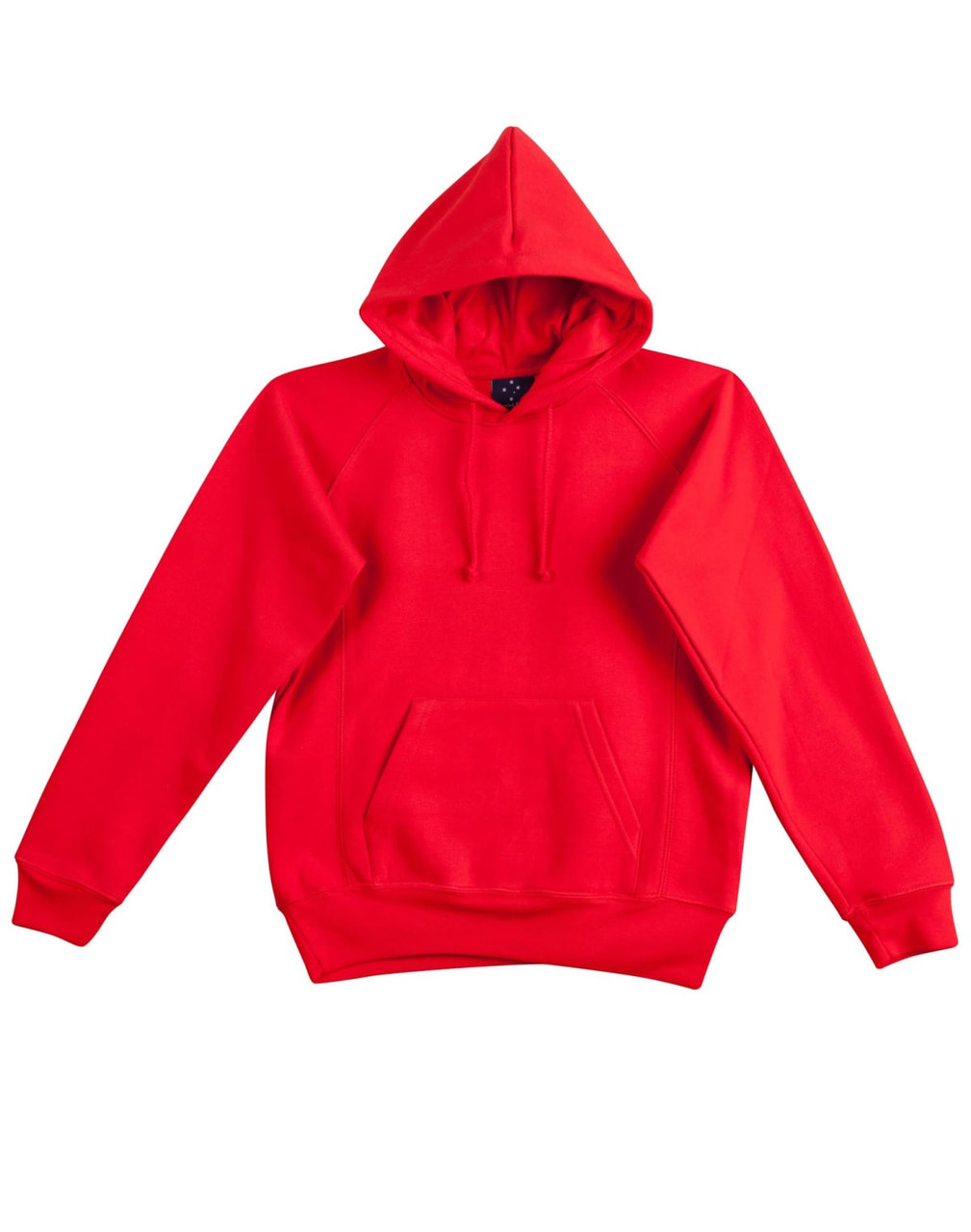 A red fleecy hoodie featuring a front pocket and a drawstring hood. It includes a logo.