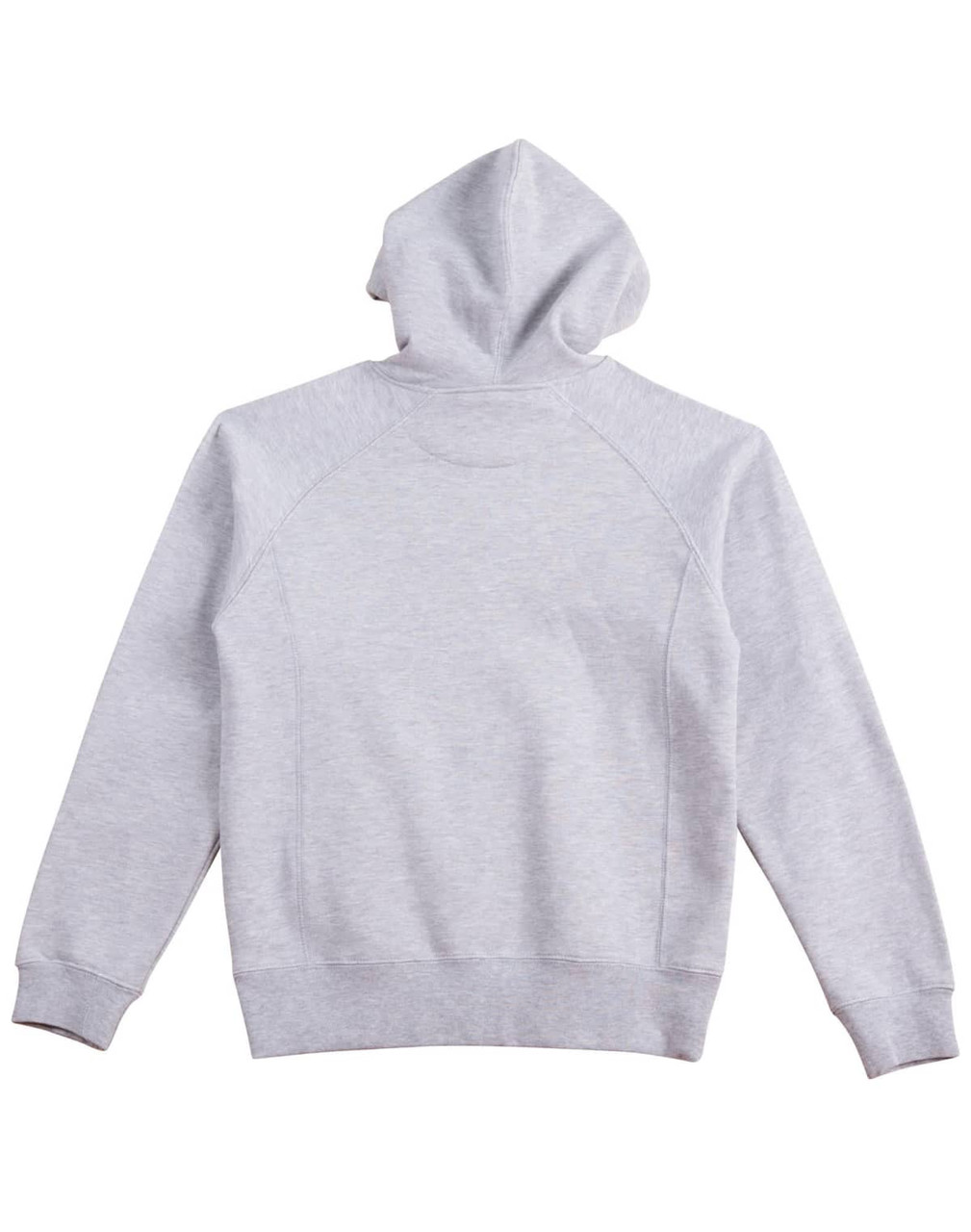 A grey ladies' fleece hoodie with a hood and ribbed cuffs, featuring a clean, simple design in the back.
