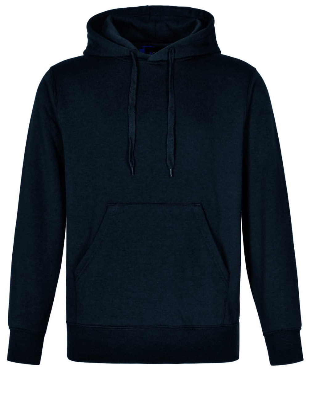 A black adult hoodie with a front pocket and adjustable drawstring hood, featuring a logo.