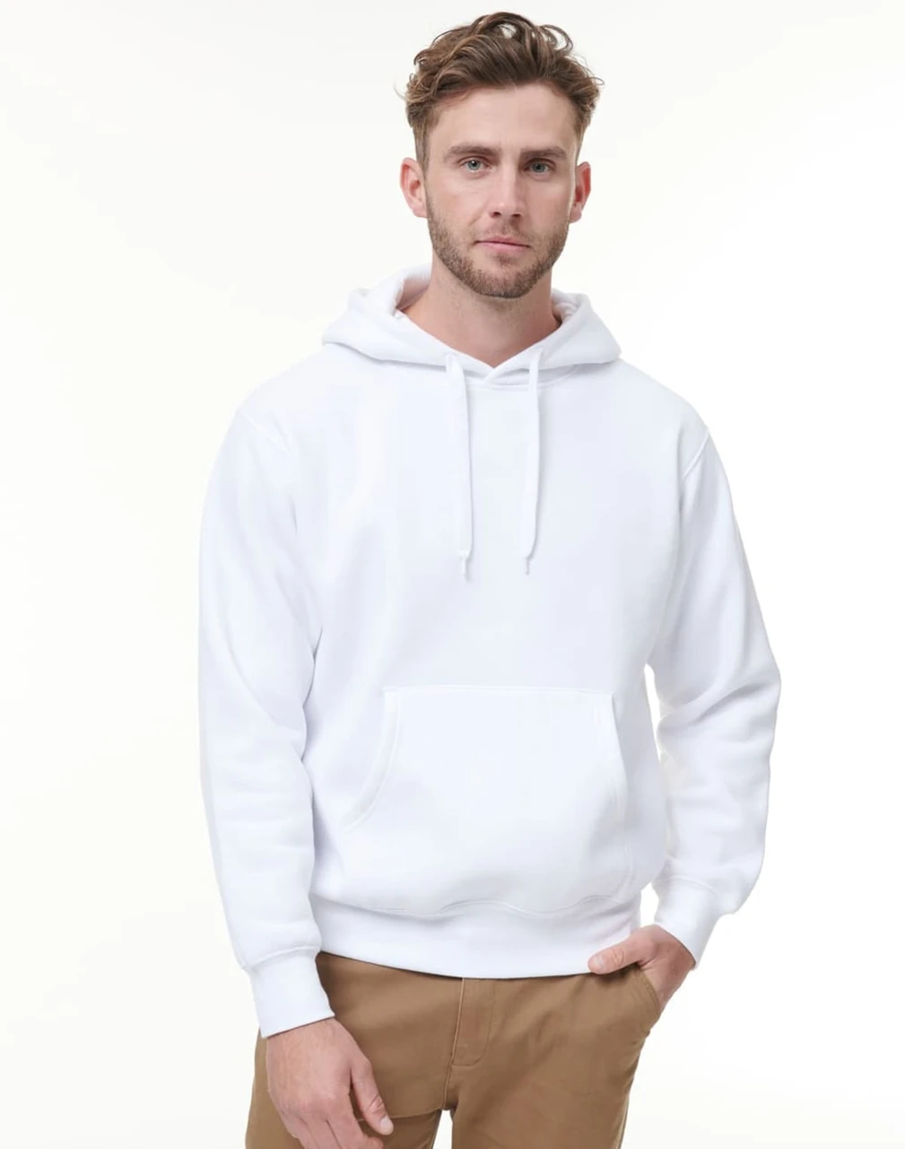 A white adult hoodie featuring a front pocket and drawstring hood, displayed by a model.