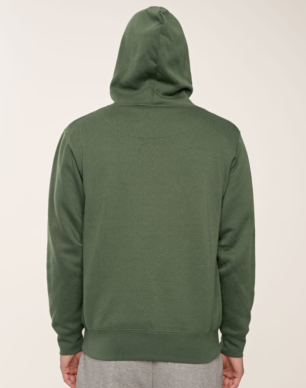 A green fleecey hoodie with a close front and a hood, viewed from the back.