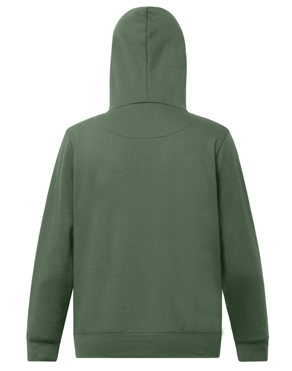 A green hooded fleece jumper with a close front design and a plain back. Features a logo.