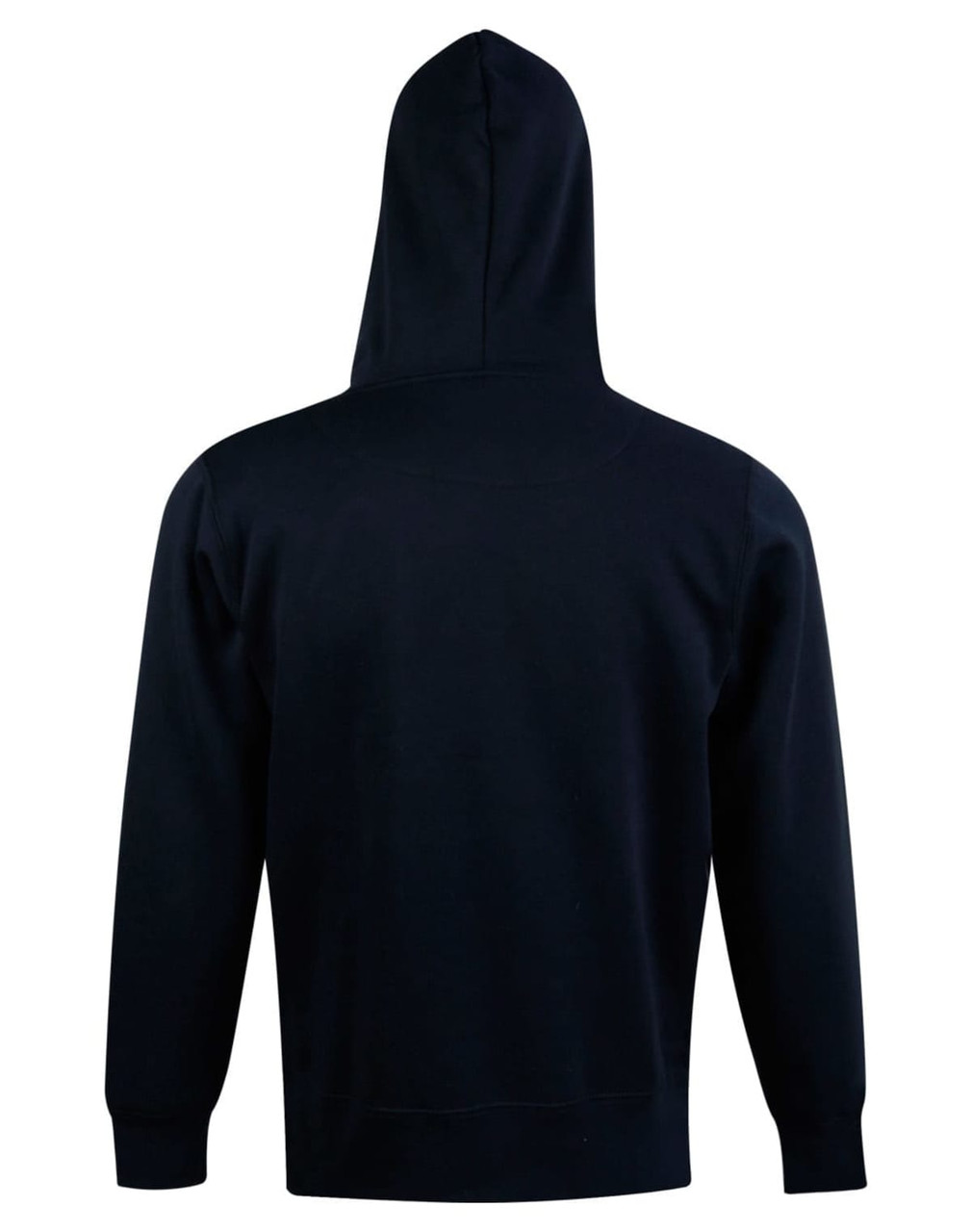 A navy blue adult's close front contrast fleecy hoodie with a hood, featuring a simple design and no visible logos.