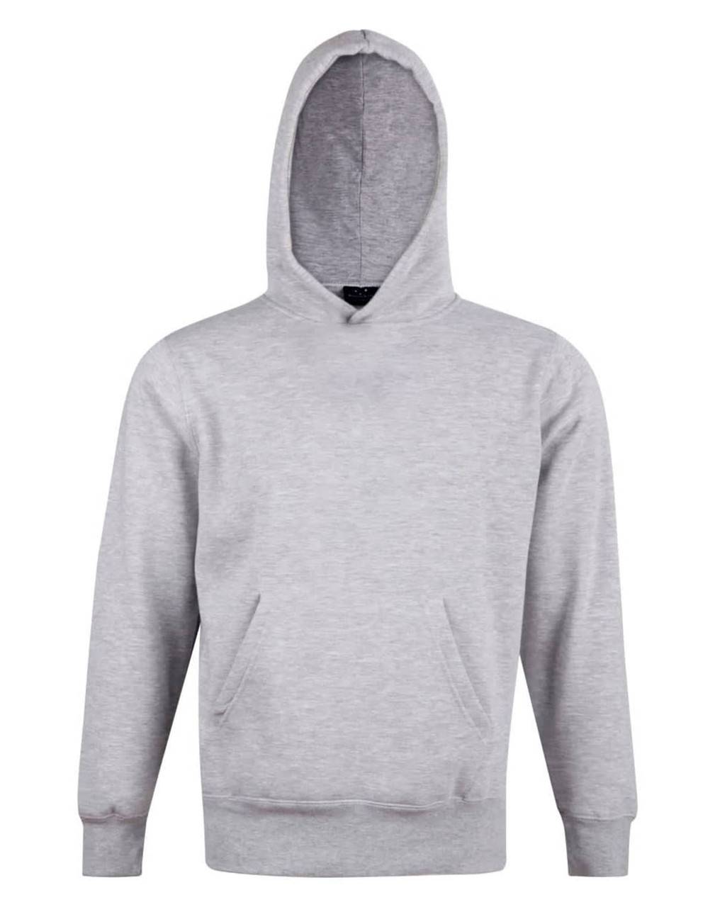 A grey fleece hoodie with a close front, featuring a hood and front pockets. It has a logo on the design.