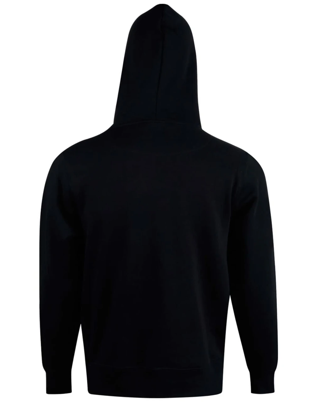 A kids' hoodie in black with a hood, featuring a simple design and a logo on the back.