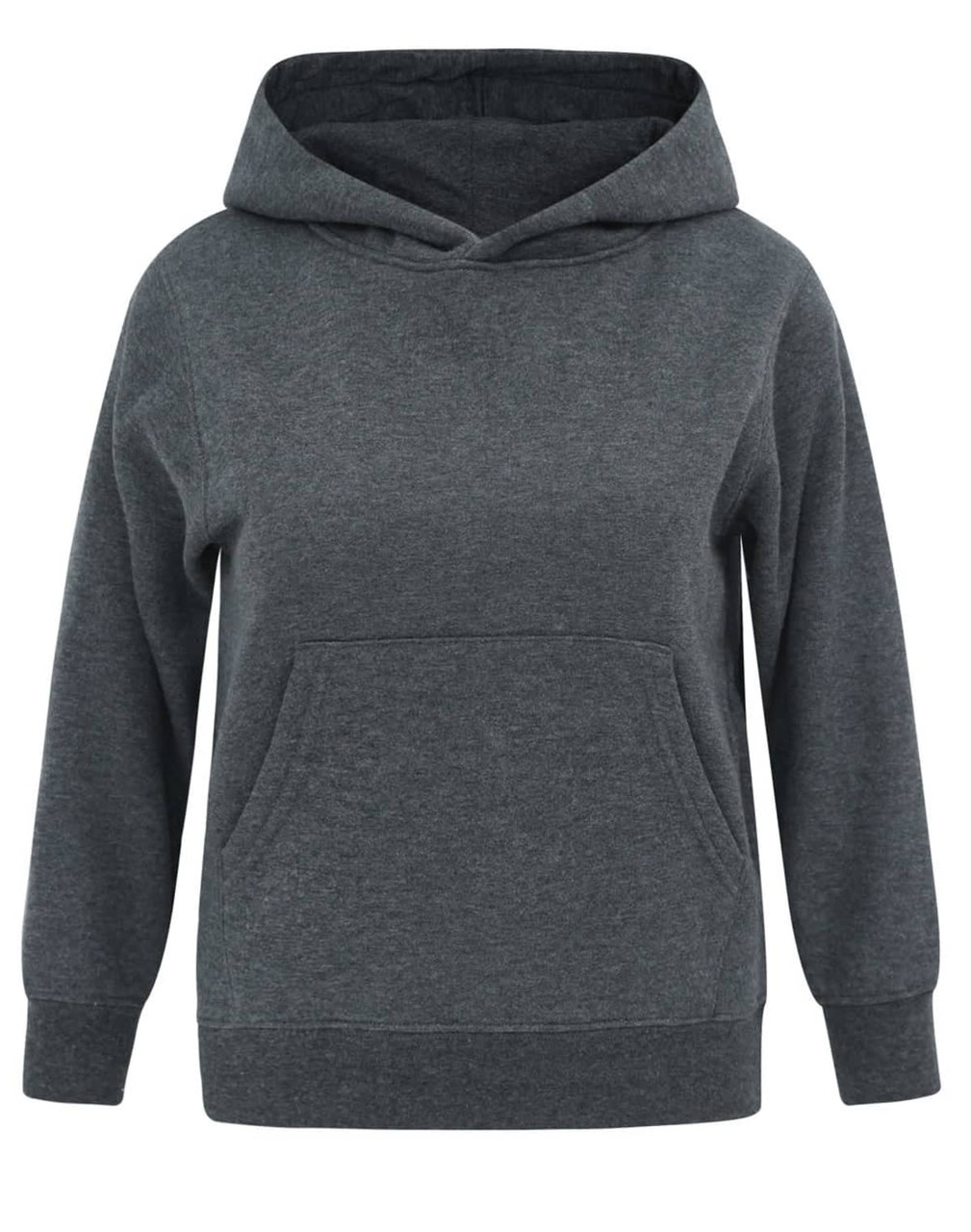 A grey kids' hoodie with a front pocket and hood, featuring a logo. Suitable for casual wear.