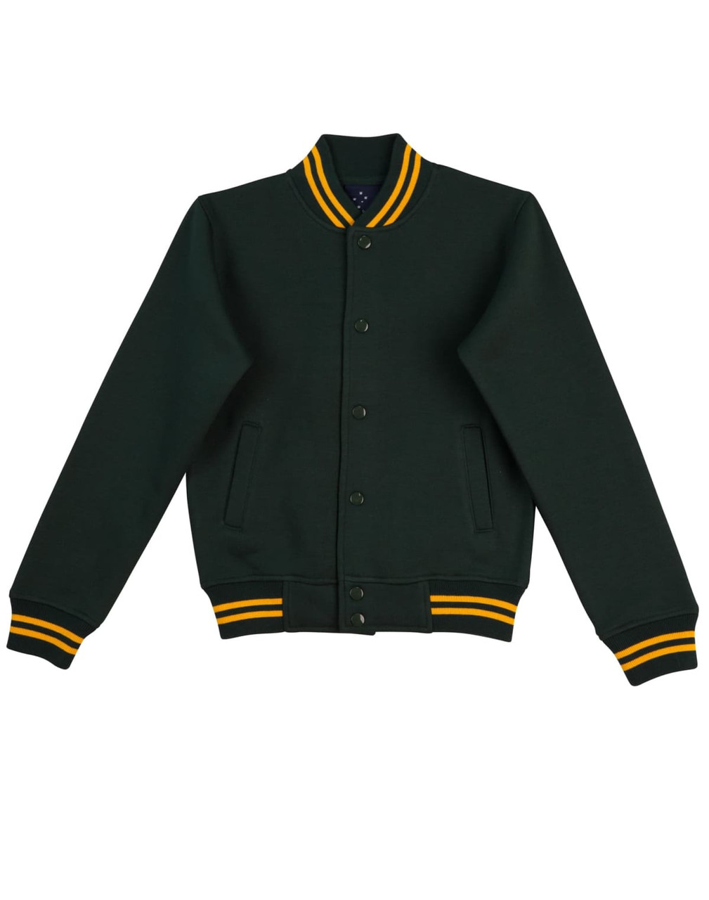 A green fleece varsity jacket with yellow stripes on the collar and cuffs, featuring a button-up front and a logo.