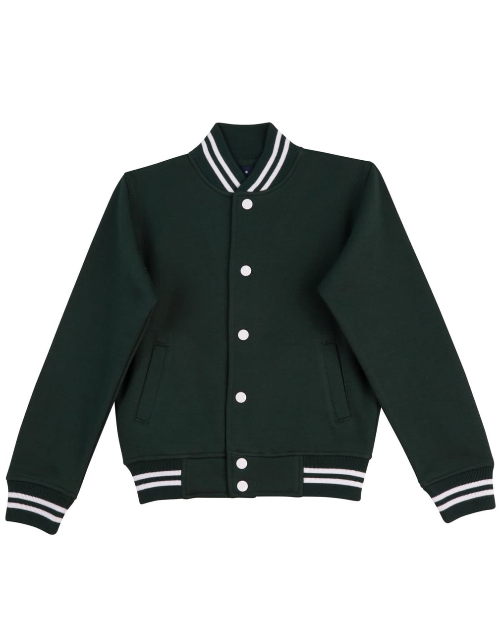 A green varsity jacket featuring a ribbed collar, button closure, and striped cuffs. It has side pockets and a logo.