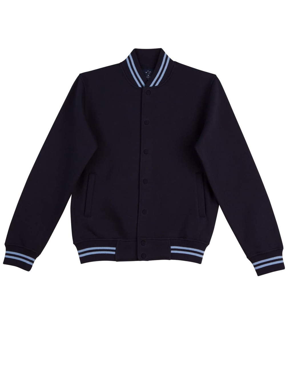 A black fleece varsity jacket with blue striped cuffs and collar, featuring front buttons and side pockets.