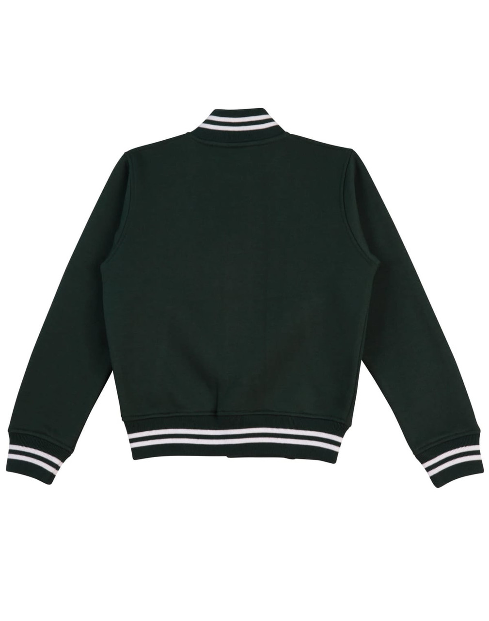 A dark green fleece varsity jacket with contrasting white stripes on the collar and cuffs, featuring a logo.