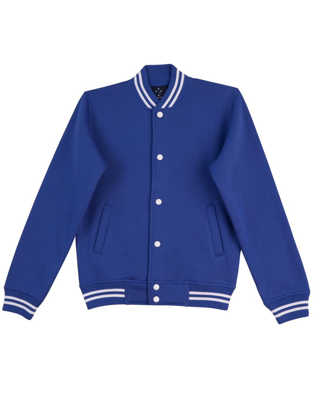 A blue kid's fleece varsity jacket with white striped cuffs and waistband, featuring a logo.